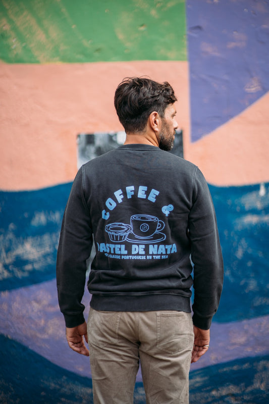 Coffee & Nata sweatshirt front view with small graphic detail by Seapath